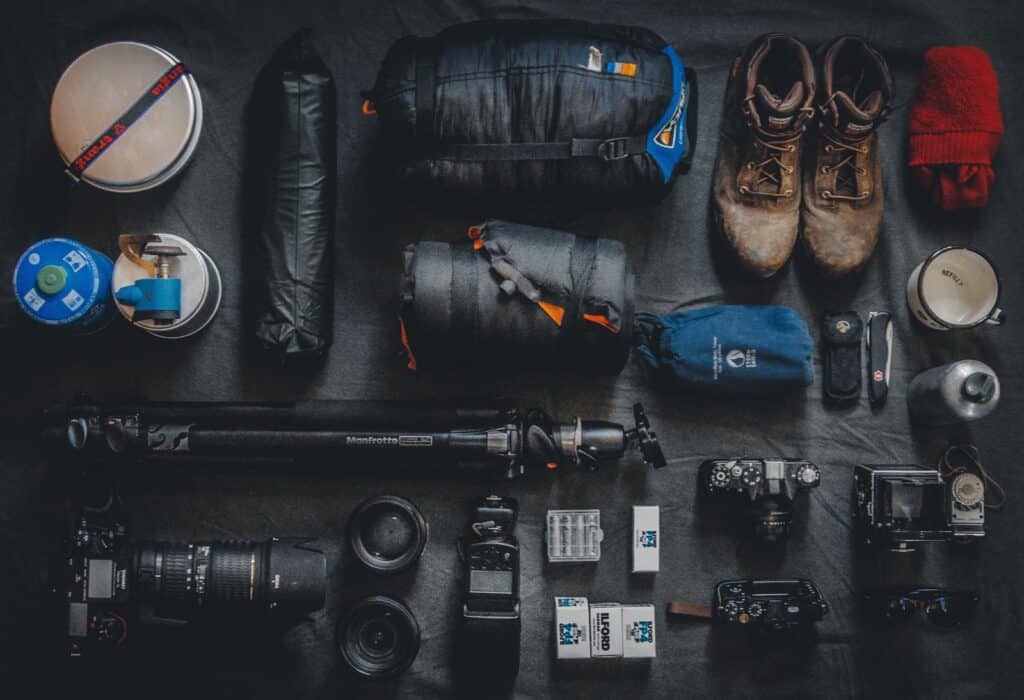 camping gears flat lay