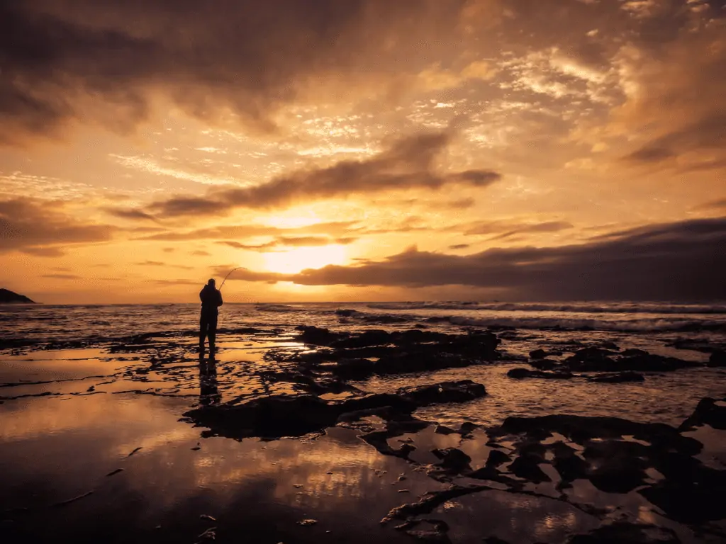 Guy fishing in surf at sunset