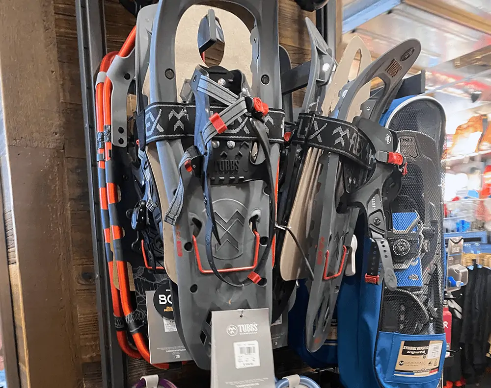 snowshoes at an outdoor gear store